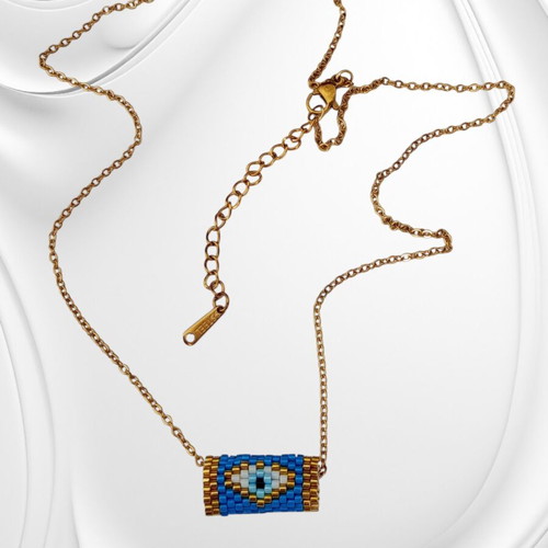 Handmade Miyuki evil eye necklace with gold-plated steel chain