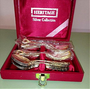 vintage κασετίνα με ασημένια κουταλάκια και πιρουνάκια γλυκού από Αγγλία Heritage silver collection