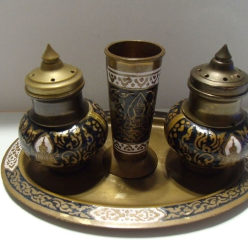 Old Metal Brass Salt Shaker Set with Stand used
