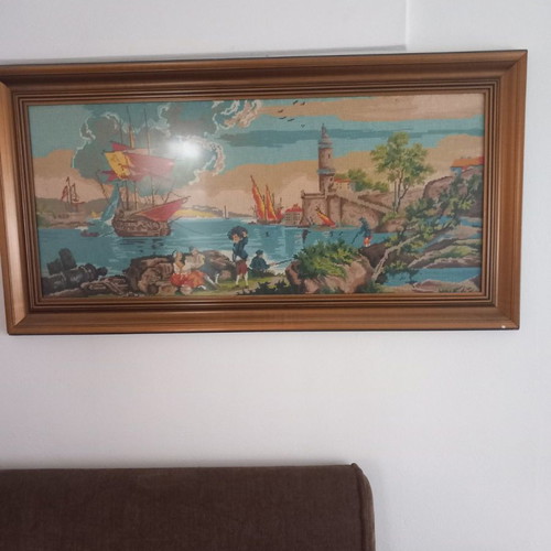 Embroidered picture used with wooden frame