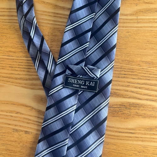 Sheng Kai silk tie, blue and grey striped, hand made