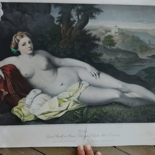 Chalcography The Resting Aphrodite 1850 hand-colored, used 60x43cm
