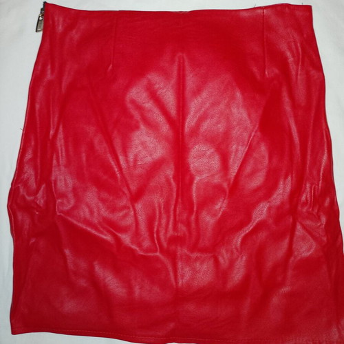 Mini leather skirt red cross design with side gathers like new