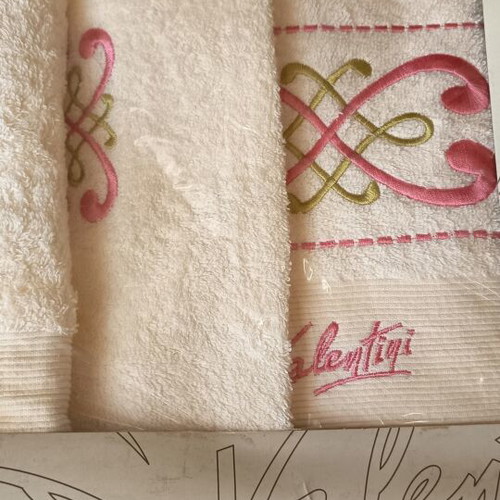 Valentini towel set of 3, bath face hand, ivory with pink embroidery