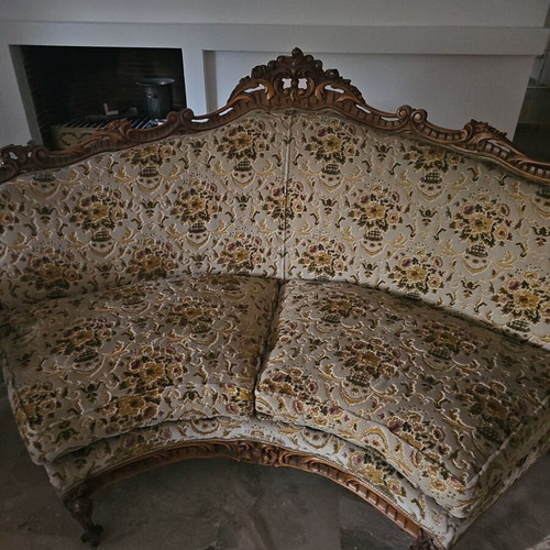 Classic handmade corner sofa like new with wood carving and gobelin fabric