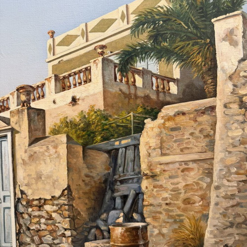 Oil painting by Antonis Voumbakis used, neoclassical island house