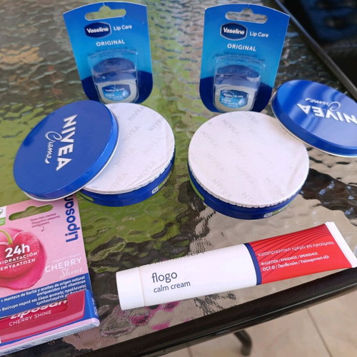 Nivea cream 2 Vaseline Original lip balms 2 Liposan Cherry Shine 1 Flogo cream for burns