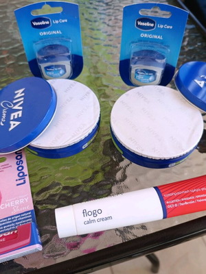 Nivea cream 2 Vaseline Original lip balms 2 Liposan Cherry Shine 1 Flogo cream for burns
