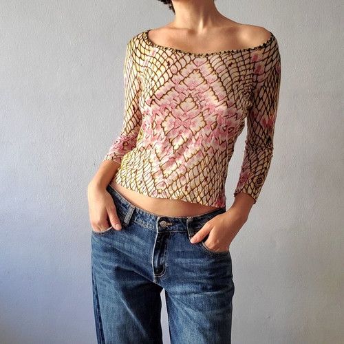 Just Cavalli vintage Y2K reptile print cotton mesh top, pink multicolor