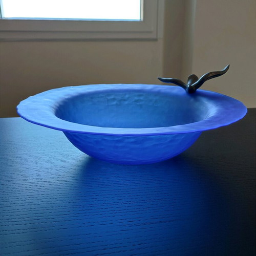 Decorative glass platter like new, blue royal with metal bird figure