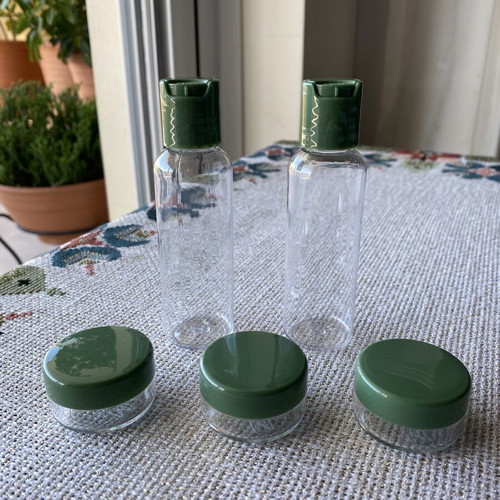 Travel set with transparent storage pouch, new, 7 pieces