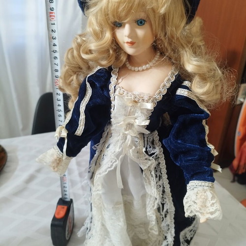 Porcelain doll Victorian style 45cm like new, blue velvet