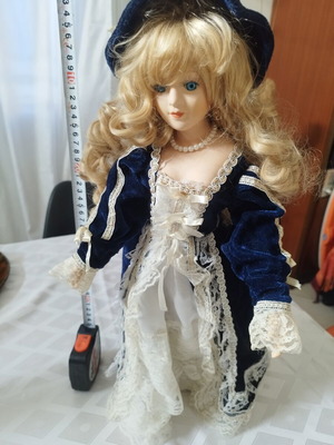 Porcelain doll Victorian style 45cm like new, blue velvet