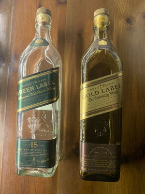 Johnnie Walker collectible empty bottles Gold Label 18yo Centenary and Green Label 15yo used