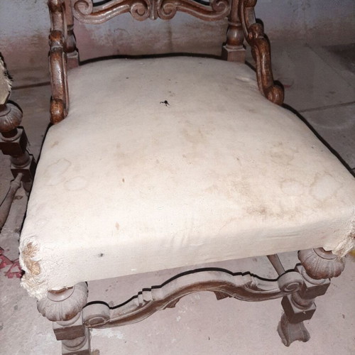 Throne armchairs used, wooden carved back, set of 2