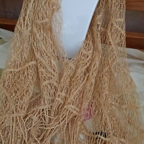 Golden scarf new, rectangular with lace-like fringes