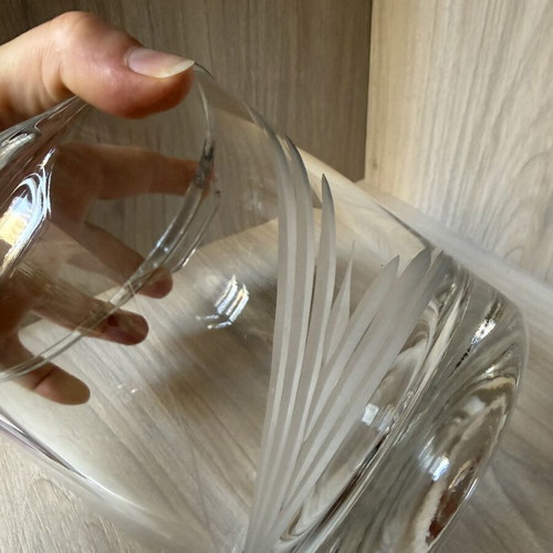 Glass ice bucket like new with handles and decorative matte engraving