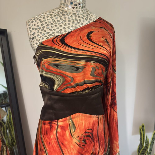 Mischalis Silk Gown One Shoulder Abstract Marble Print Size L Like New