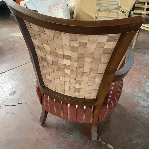 Living room armchair with woven leather back used, solid wood frame