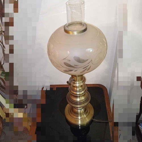 Table lamp used, set of 2, brass with embossed glass