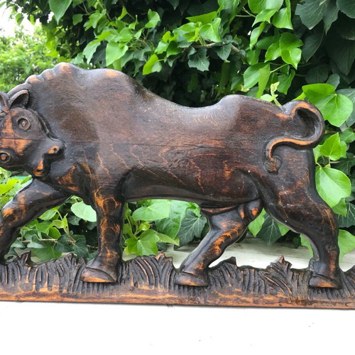 Applique wooden carved bull used, decorative butcher shop