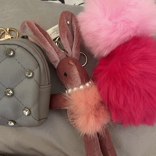 Keychain set used with velvet bunny, mini bag, and fur pom-poms