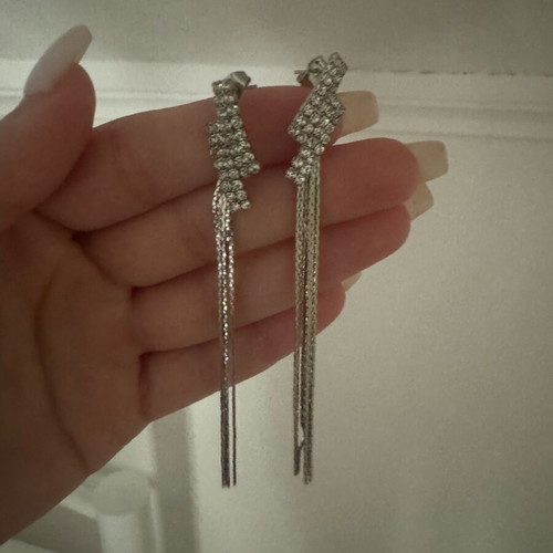 Evening silver earrings with rhinestones long