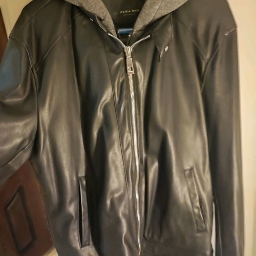 Zara Man faux leather men's jacket new, size XL, black with gray hood
