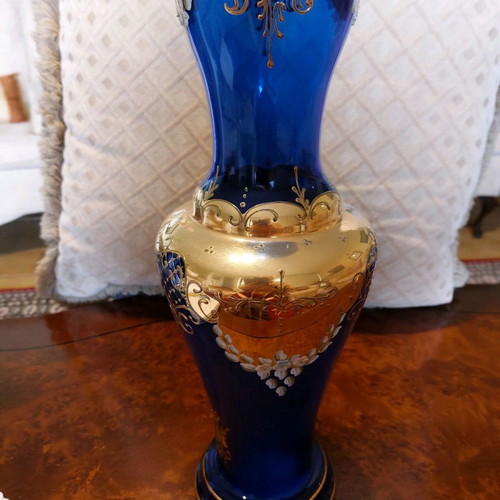 Large Bohemia vase used 44×17 cm with hand painting and 24k gold from 1950