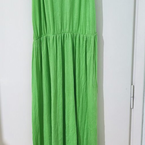 Green long dress with gold detail used, one size cotton elastic