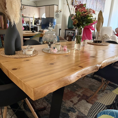 Solid pine wood dining table and coffee table set with metal legs