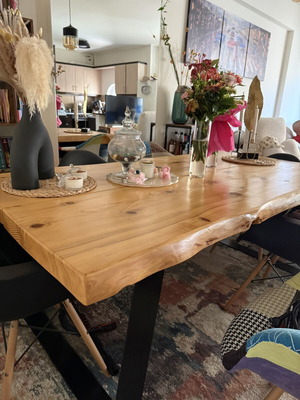 Solid pine wood dining table and coffee table set with metal legs