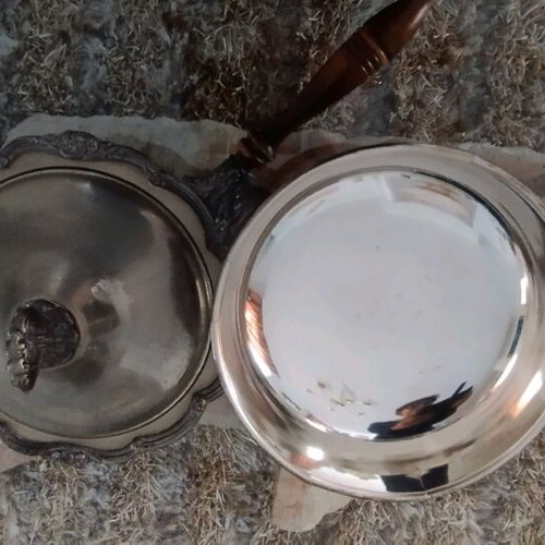 Antique hot serving dish used with wooden handle and 5 detachable parts