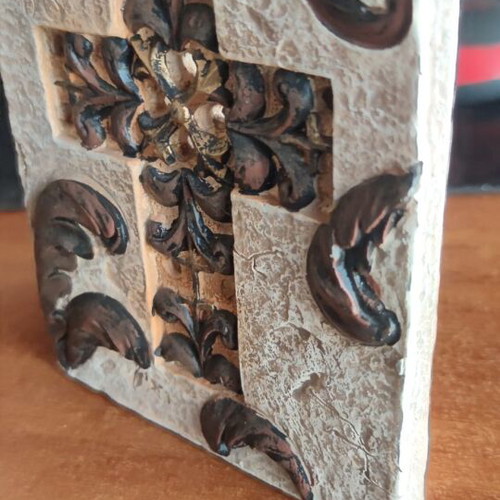 Decorative table candle holder with embossed cross, like new