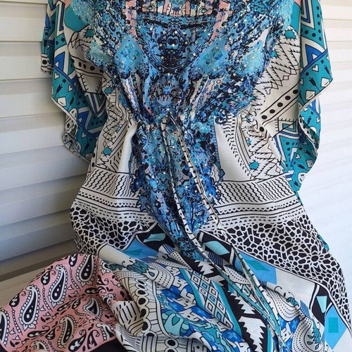 Long Viscose Kaftan with Rhinestones and Batwing Sleeves new