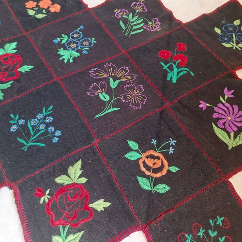 Handmade embroidered wall hanging used, floral patchwork carpet