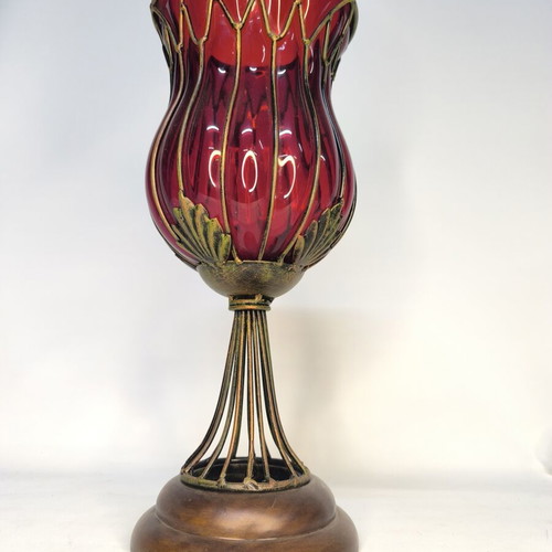 Handmade red glass vase candleholder with metal base and cage new