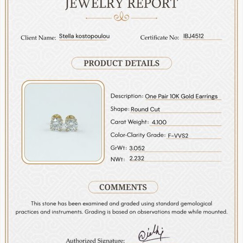 Lab Grown Diamond Earrings 4ct with Certificate like new, gold color