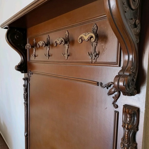 Handmade walnut coat rack used, 1970s with brass hooks