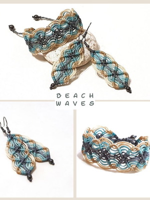 Σετ βραχιόλι και σκουλαρίκια Beach Waves χειροποίητα μακραμέ μπεζ και τιρκουάζ