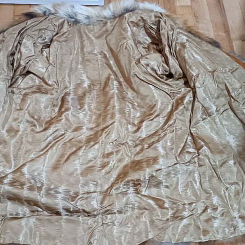 Fur coat used, custom made, size small/medium, orange white gray