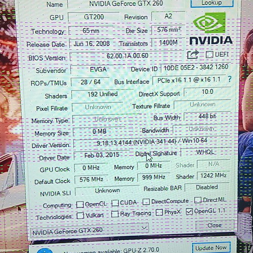 EVGA GeForce GTX260 896MB PCI-E graphics card used, for repair or parts