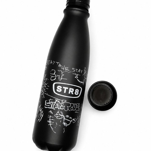 Str8 Metal Water Bottle 500ml Black Matte with Graffiti Design like new