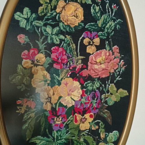 Vintage large embroidered oval textile painting with floral design