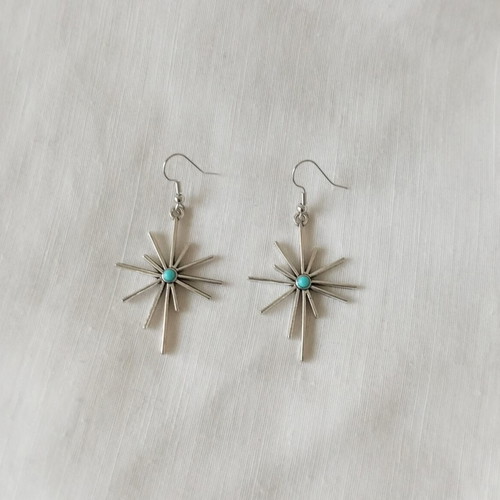 Boho hanging sun and star earrings new, silver with turquoise stone