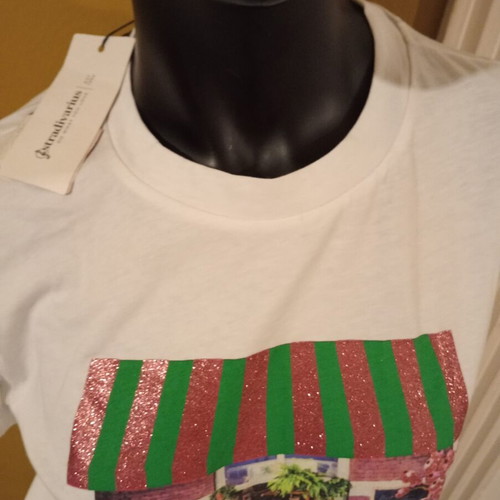 Stradivarius T-shirt S oversized white with colorful design and sequins new