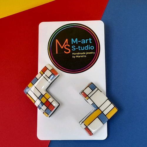 M-art S-tudio handmade earrings new with colorful Mondrian pattern