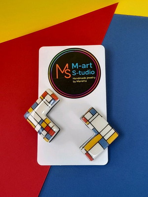 M-art S-tudio handmade earrings new with colorful Mondrian pattern