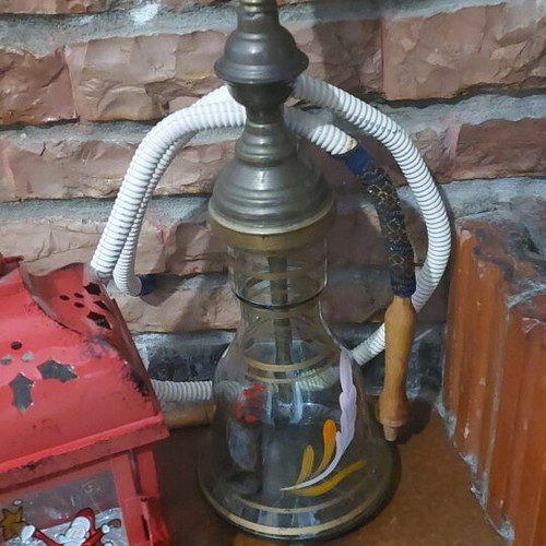 Authentic Damascus hookah 1990 like new with glass container, brass and wood
