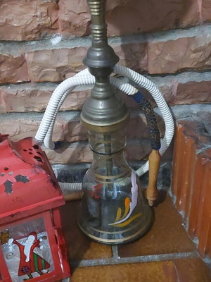 Authentic Damascus hookah 1990 like new with glass container, brass and wood